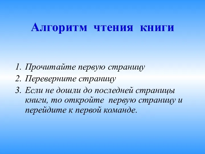 Алгоритм чтения книги Прочитайте первую страницу Переверните страницу Если не