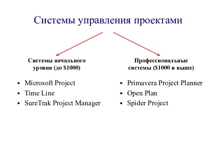 Системы управления проектами Системы начального уровня (до $1000) Профессиональные системы