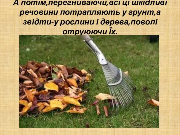 А потім,перегниваючи,всі ці шкідливі речовини потрапляють у грунт,а звідти-у рослини і дерева,поволі отруюючи Їх.