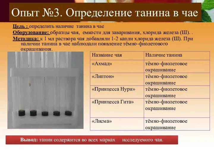 Опыт №3. Определение танина в чае Цель : определить наличие