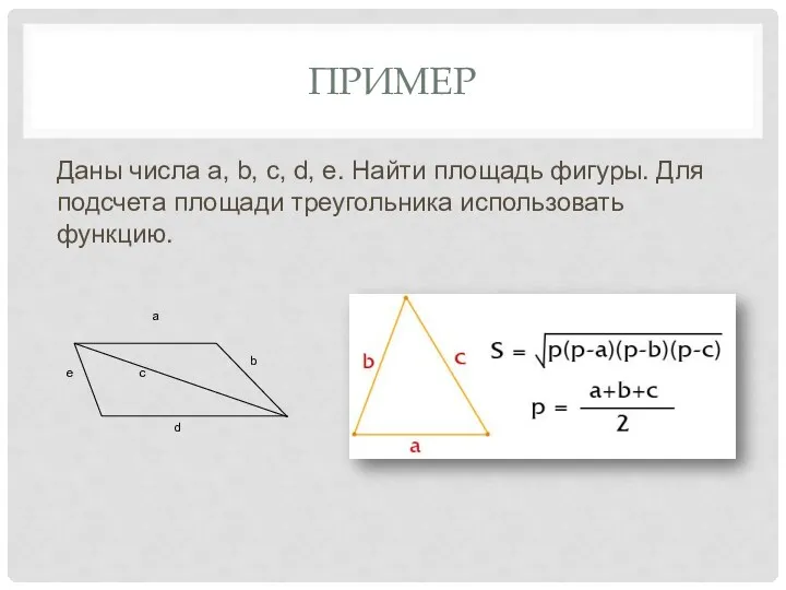 ПРИМЕР Даны числа a, b, c, d, e. Найти площадь