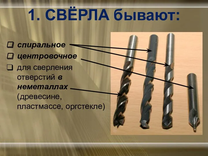 1. СВЁРЛА бывают: спиральное центровочное для сверления отверстий в неметаллах (древесине, пластмассе, оргстекле)