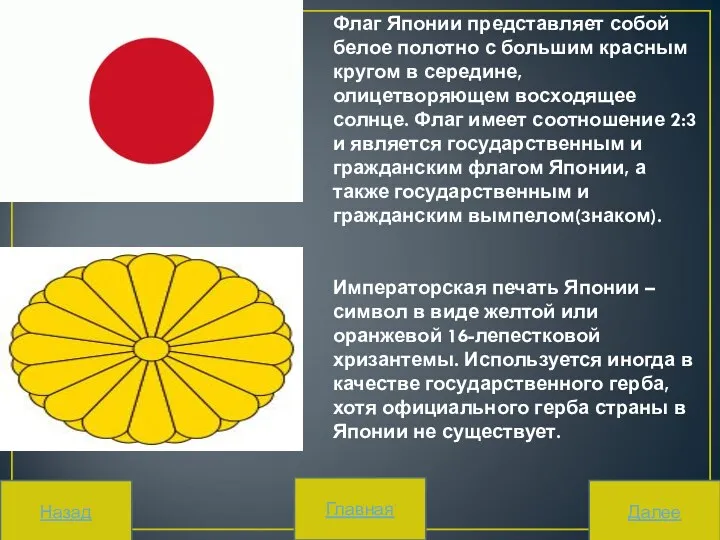 Флаг Японии представляет собой белое полотно с большим красным кругом