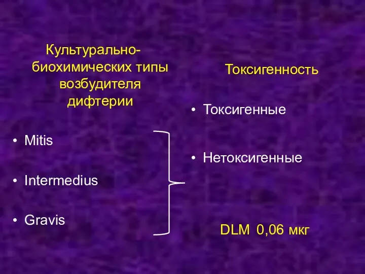 Культурально-биохимических типы возбудителя дифтерии Mitis Intermedius Gravis Токсигенность Токсигенные Нетоксигенные DLM 0,06 мкг