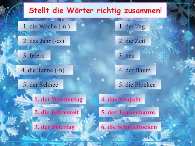 Stellt die Wörter richtig zusammen! 1. die Woche (-n )