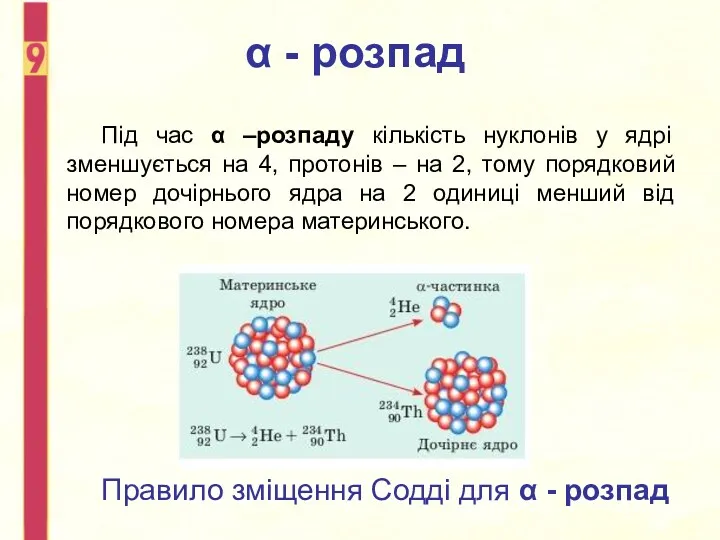 Під час α –розпаду кількість нуклонів у ядрі зменшується на 4, протонів –
