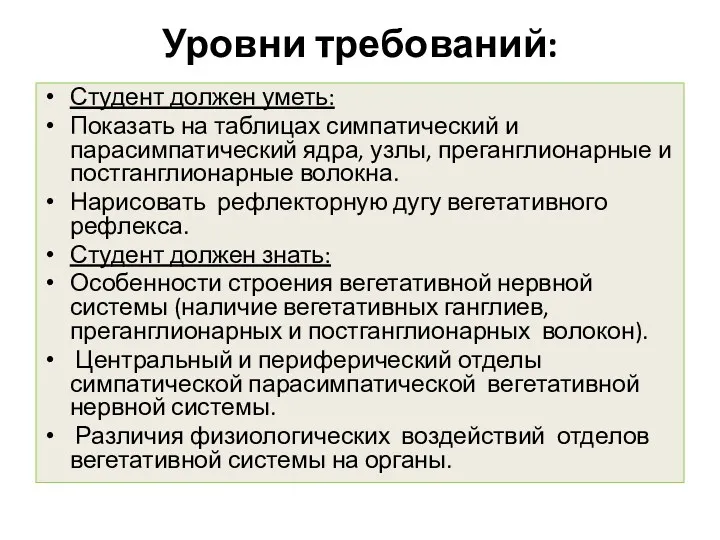 Уровни требований: Студент должен уметь: Показать на таблицах симпатический и