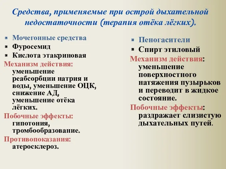 Средства, применяемые при острой дыхательной недостаточности (терапия отёка лёгких). Мочегонные