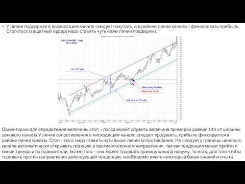 У линии поддержки в восходящем канале следует покупать, а в