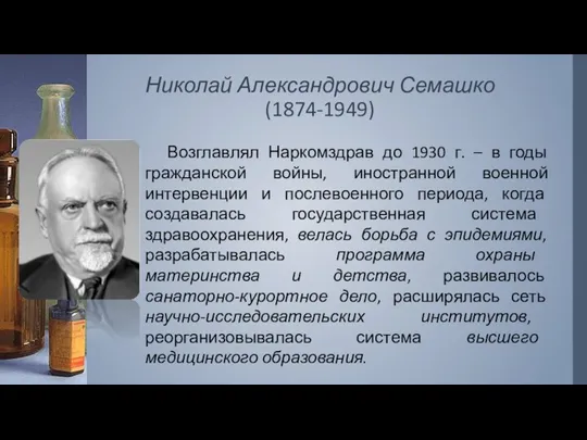 Николай Александрович Семашко (1874-1949) Возглавлял Наркомздрав до 1930 г. –