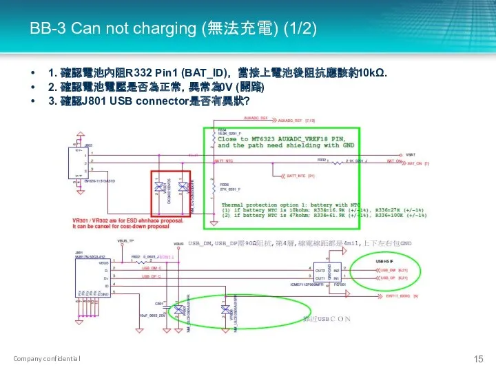 BB-3 Can not charging (無法充電) (1/2) 1. 確認電池內阻R332 Pin1 (BAT_ID)， 當接上電池後阻抗應該約10kΩ. 2. 確認電池電壓是否為正常，異常為0V