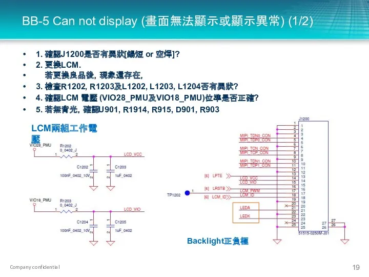 BB-5 Can not display (畫面無法顯示或顯示異常) (1/2) 1. 確認J1200是否有異狀[鍚短 or 空焊]? 2. 更換LCM. 若更換良品後，現象還存在，