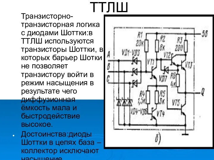 ТТЛШ Транзисторно-транзисторная логика с диодами Шоттки:в ТТЛШ используются транзисторы Шоттки, в которых барьер