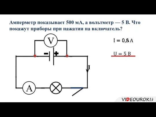 Амперметр показывает 500 мА, а вольтметр — 5 В. Что