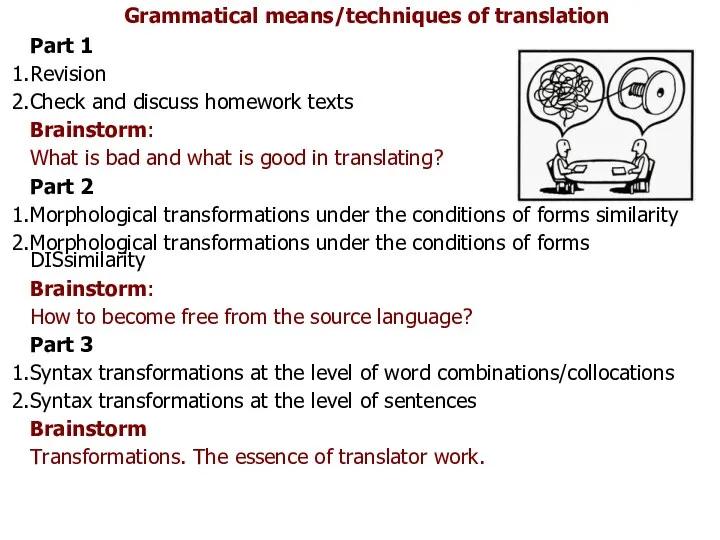 Grammatical means/techniques of translation Part 1 Revision Check and discuss homework texts Brainstorm: