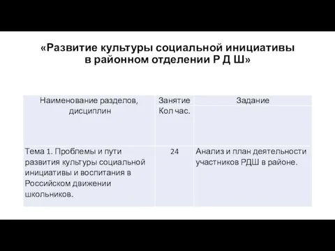 «Развитие культуры социальной инициативы в районном отделении Р Д Ш»