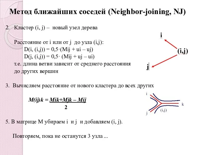 Метод ближайших соседей (Neighbor-joining, NJ) 2. Кластер (i, j) –