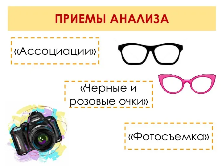 ПРИЕМЫ АНАЛИЗА «Ассоциации» «Фотосъемка» «Черные и розовые очки»