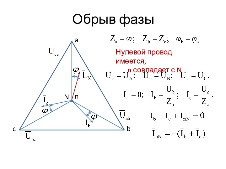 Обрыв фазы Нулевой провод имеется, n совпадает с N