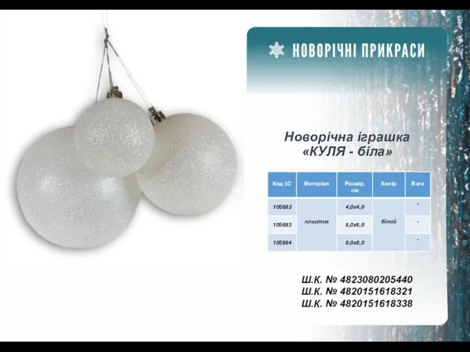 Новорічна іграшка «КУЛЯ - біла» Ш.К. № 4823080205440 Ш.К. № 4820151618321 Ш.К. № 4820151618338