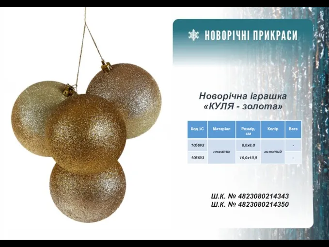 Новорічна іграшка «КУЛЯ - золота» Ш.К. № 4823080214343 Ш.К. № 4823080214350