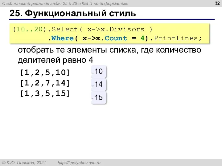 25. Функциональный стиль (10..20).Select( x->x.Divisors ) .Where( x->x.Count = 4).PrintLines;