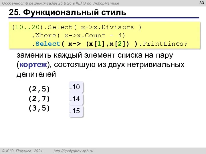 25. Функциональный стиль (10..20).Select( x->x.Divisors ) .Where( x->x.Count = 4)