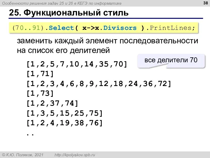 25. Функциональный стиль (70..91).Select( x->x.Divisors ).PrintLines; заменить каждый элемент последовательности