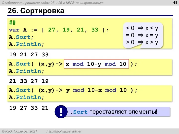 26. Сортировка ## var A := | 27, 19, 21,