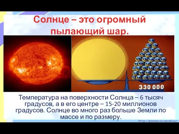 Солнце – это огромный пылающий шар. Температура на поверхности Солнца