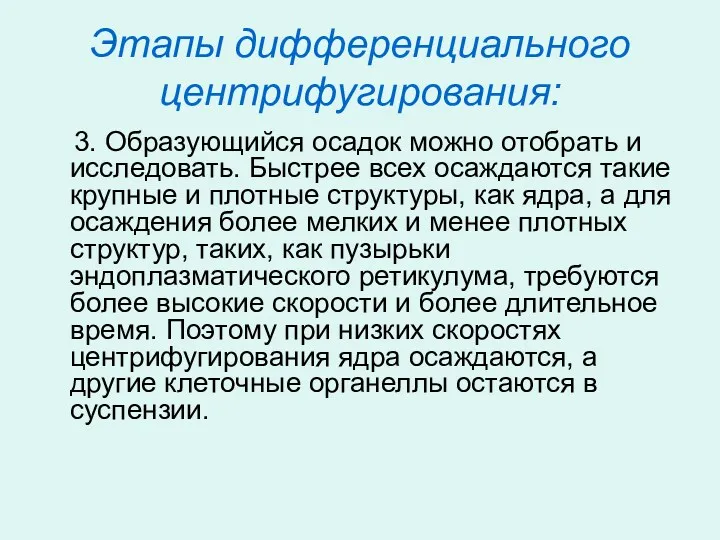 Этапы дифференциального центрифугирования: 3. Образующийся осадок можно отобрать и исследовать.