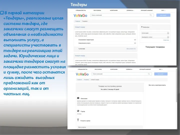 В первой категории «Тендеры», реализована целая система тендера, где заказчики