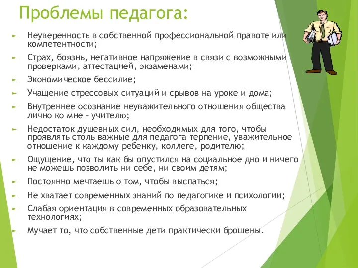 Проблемы педагога: Неуверенность в собственной профессиональной правоте или компетентности; Страх,