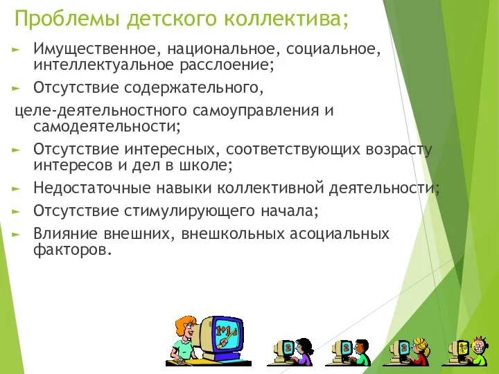 Проблемы детского коллектива; Имущественное, национальное, социальное, интеллектуальное расслоение; Отсутствие содержательного,