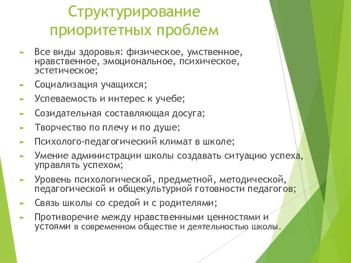 Структурирование приоритетных проблем Все виды здоровья: физическое, умственное, нравственное, эмоциональное,