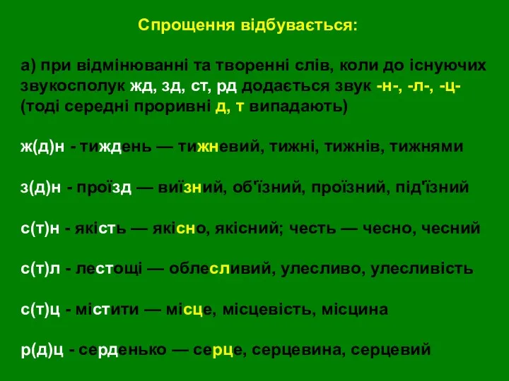 Спрощення відбувається: а) при відмінюванні та творенні слів, коли до