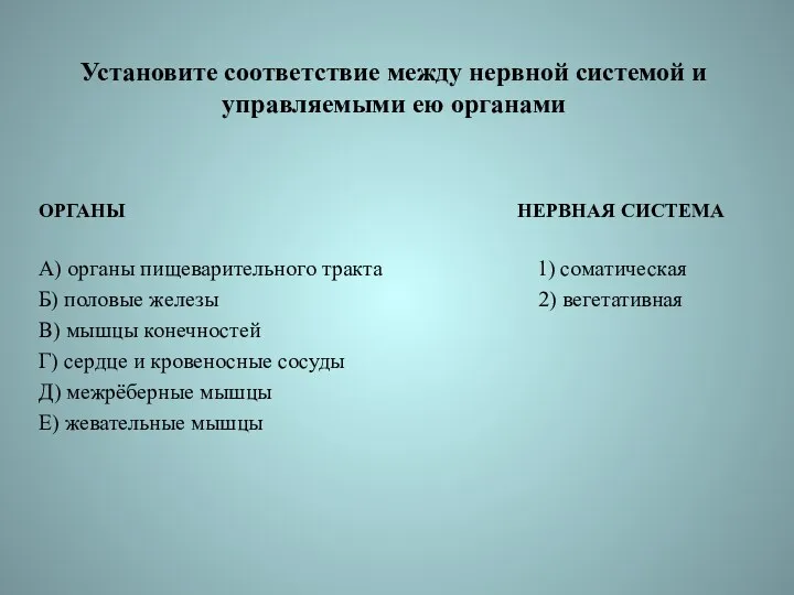 Установите соответствие между нервной системой и управляемыми ею органами ОРГАНЫ