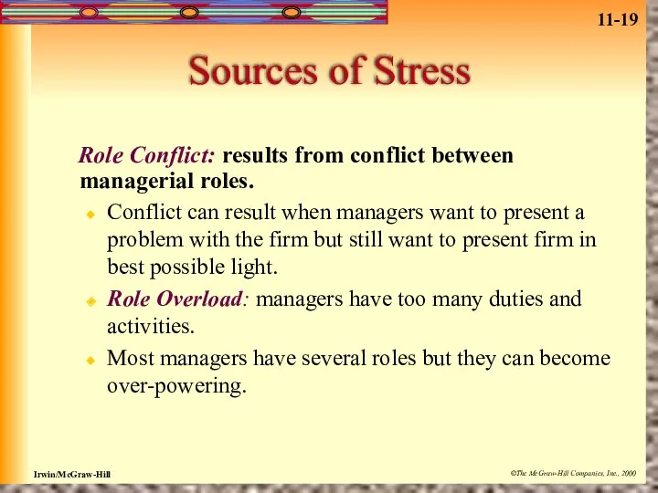 Sources of Stress Role Conflict: results from conflict between managerial