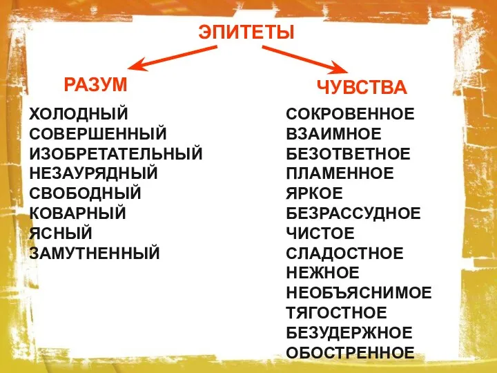 ЭПИТЕТЫ РАЗУМ ЧУВСТВА ХОЛОДНЫЙ СОВЕРШЕННЫЙ ИЗОБРЕТАТЕЛЬНЫЙ НЕЗАУРЯДНЫЙ СВОБОДНЫЙ КОВАРНЫЙ ЯСНЫЙ