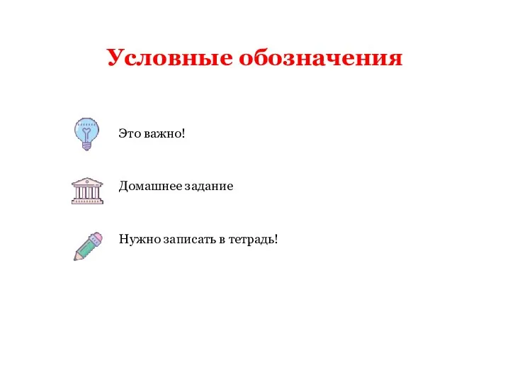 Условные обозначения Это важно! Домашнее задание Нужно записать в тетрадь!