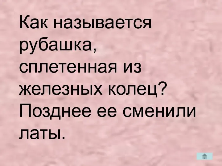 Как называется рубашка, сплетенная из железных колец? Позднее ее сменили латы.