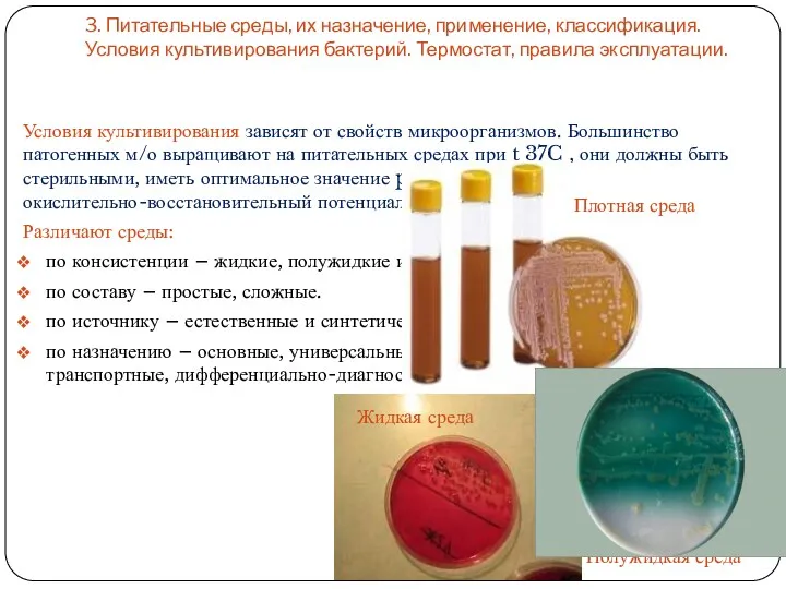 3. Питательные среды, их назначение, применение, классификация. Условия культивирования бактерий. Термостат, правила эксплуатации.