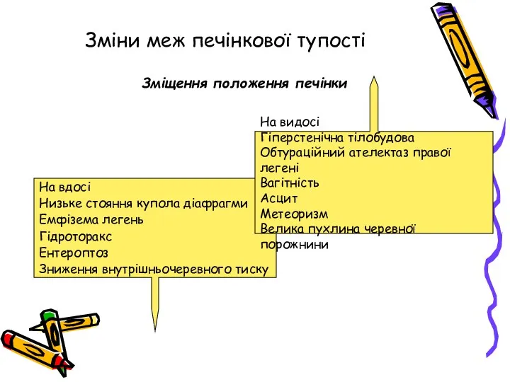 Зміни меж печінкової тупості Зміщення положення печінки На вдосі Низьке