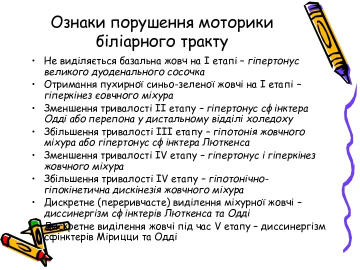 Ознаки порушення моторики біліарного тракту Не виділяється базальна жовч на