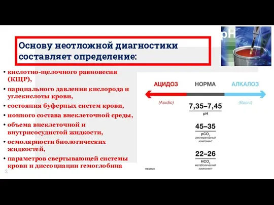 Основу неотложной диагностики составляет определение: кислотно-щелочного равновесия (КЩР), парциального давления