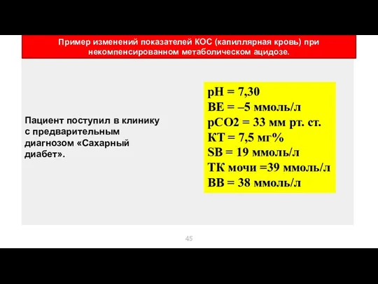 Пример изменений показателей КОС (капиллярная кровь) при некомпенсированном метаболическом ацидозе.