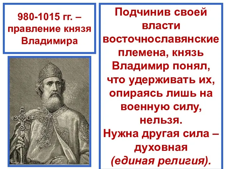 980-1015 гг. – правление князя Владимира Подчинив своей власти восточнославянские