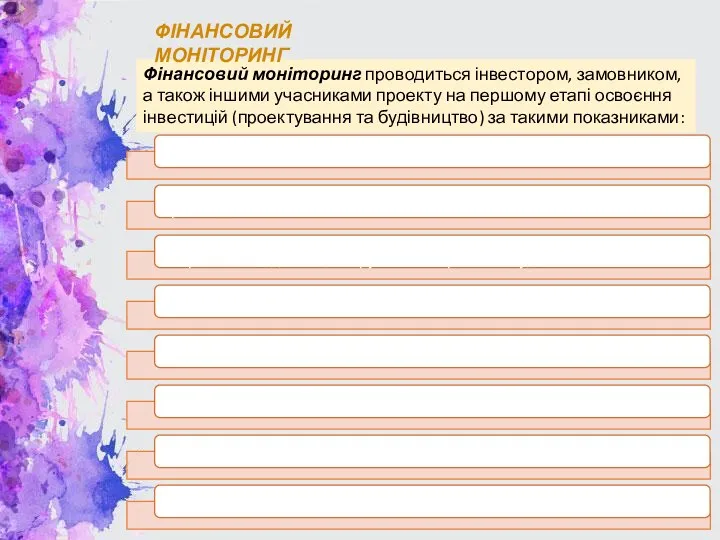 Фінансовий моніторинг проводиться інвестором, замовником, а також іншими учасниками проекту на першому етапі