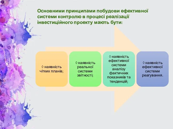 Основними принципами побудови ефективної системи контролю в процесі реалізації інвестиційного проекту мають бути: