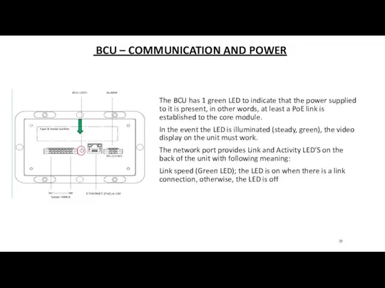 BCU – COMMUNICATION AND POWER The BCU has 1 green